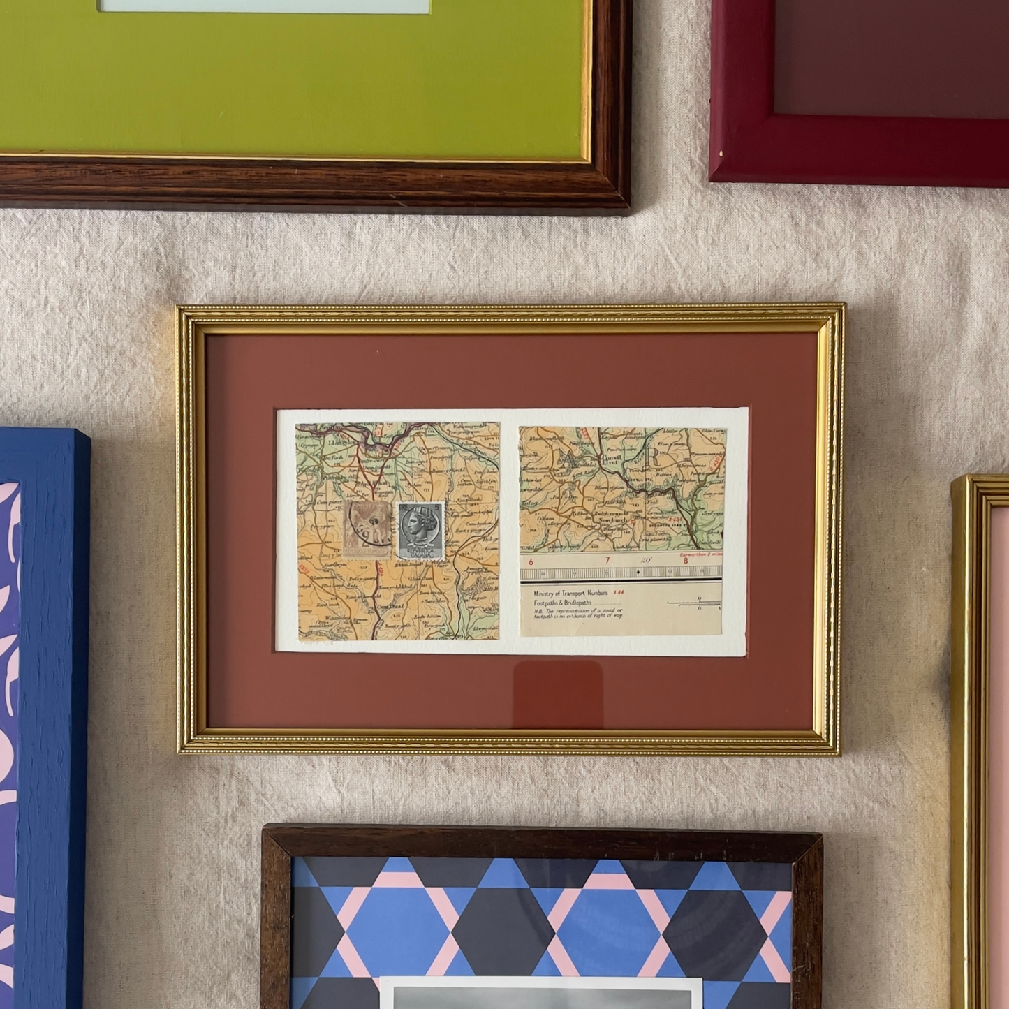 Somewhere Between Here and There | Framed Map Collage with Vintage Stamps