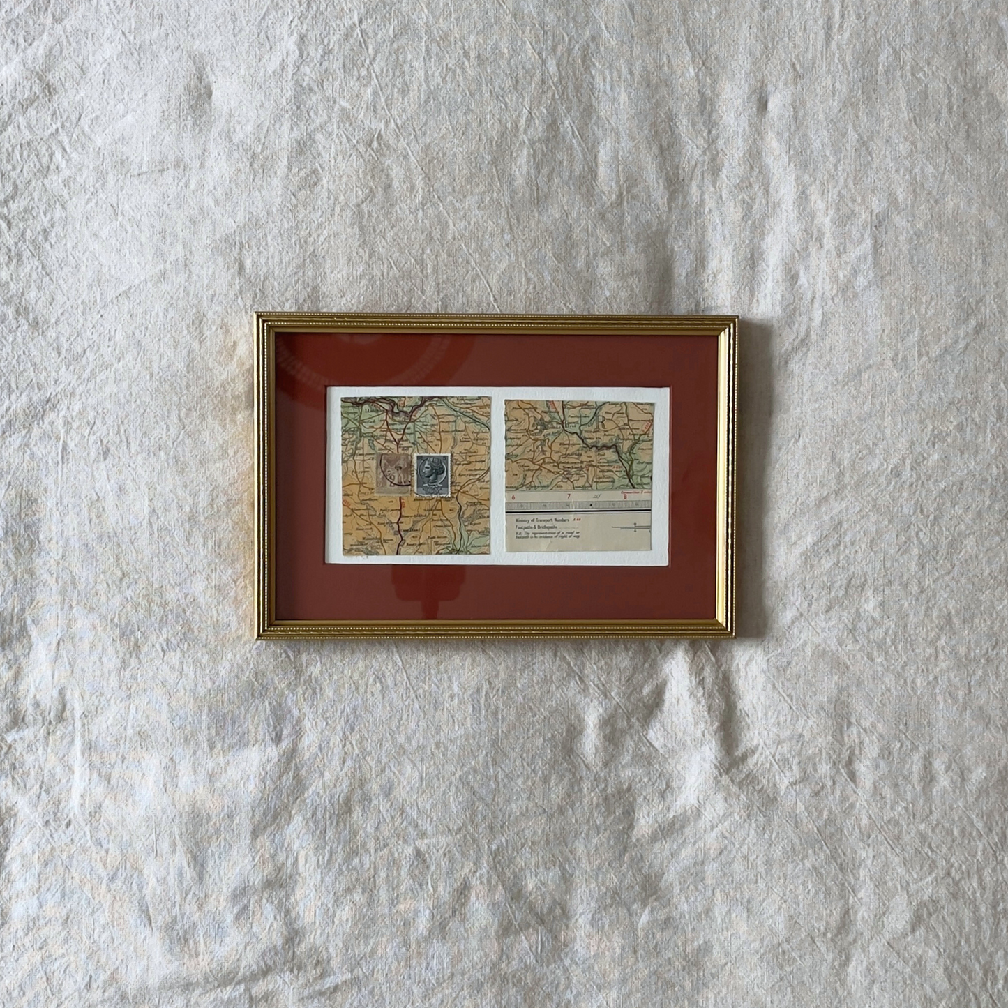 Somewhere Between Here and There | Framed Map Collage with Vintage Stamps