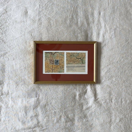 Somewhere Between Here and There | Framed Map Collage with Vintage Stamps